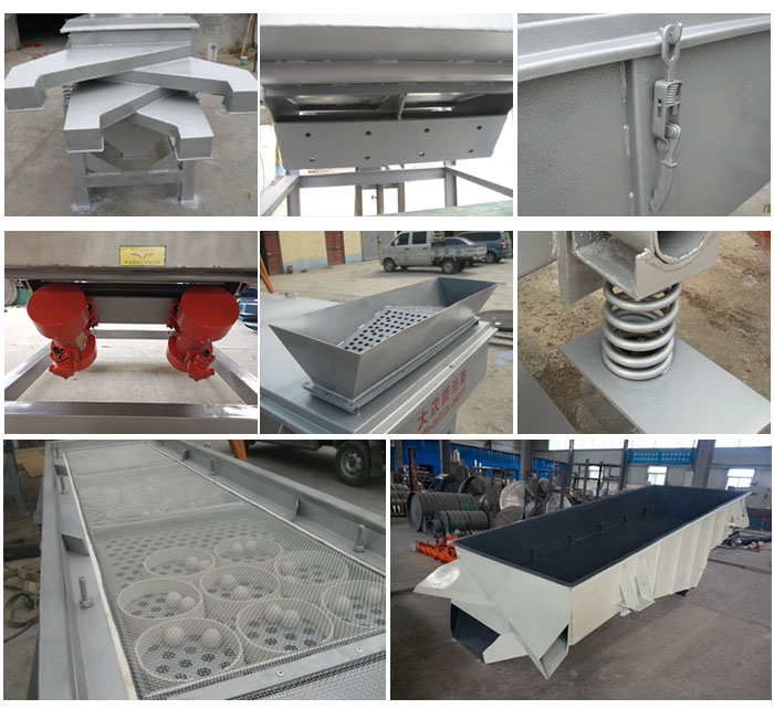 多層直線振動篩由進料口,底座,振動電機,篩網(wǎng),篩框,彈簧,出料口等組成。