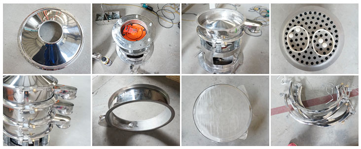 不銹鋼振動篩結(jié)構(gòu)展示：防塵蓋，出料口，閘門，篩網(wǎng)于彈跳球，底座，振動彈簧等。