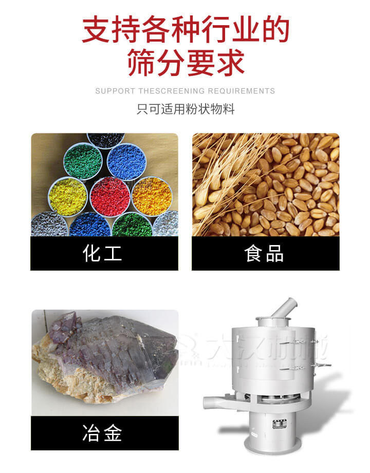 氣流篩用于礦粉，石墨粉，活性納米碳酸鈣，鋁灰，大豆粉，碳酸重鈣，石墨粉，木粉，干草，重金石粉，藥粉末，橡膠顆粒，草酸鹽，干料粉，木粉，聚酯粉，干粉，塑料，金屬粉末，橡膠粉，粉煤灰，石墨粉，陶瓷粉，鋅粉，石英粉，石灰粉，鐵粉，金屬硅粉等。