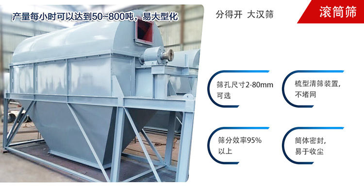 滾筒篩分開放式,封閉式兩種選擇無塵篩分。無軸滾筒：適用生活垃圾等一些有一定纏繞性物料;有軸滾筒：適用石料，砂土等含水量較少的物料