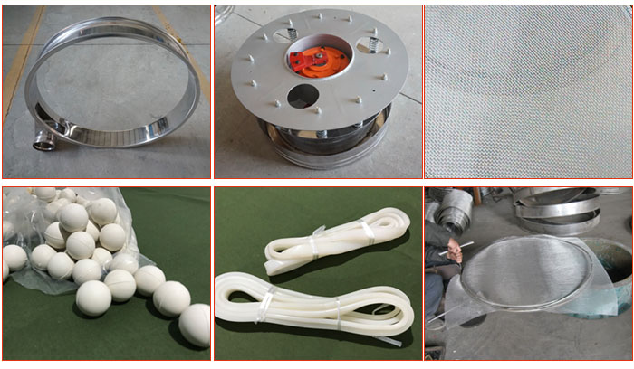 800型全不銹鋼振動(dòng)篩配件有：振動(dòng)篩篩框，電機(jī)，不銹鋼篩網(wǎng)等。