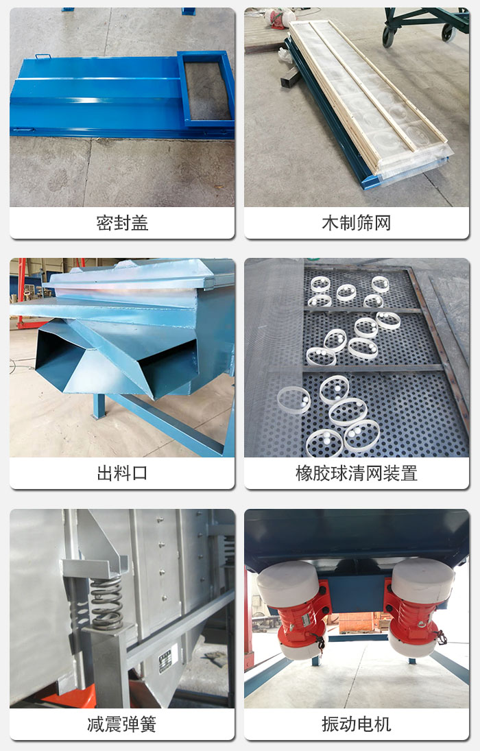 直線篩結(jié)構(gòu)展示：篩網(wǎng)，篩箱，振動(dòng)電機(jī)，振動(dòng)電機(jī)座，減震彈簧，支架等部件展示圖