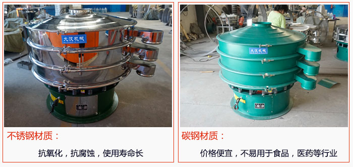 800型振動篩有不銹鋼和碳鋼兩種材質(zhì)，不銹鋼材質(zhì)：抗氧化，抗腐蝕，使用壽命長 碳鋼材質(zhì)：價格便宜，不易篩分食品，化工，醫(yī)藥等行業(yè)的物料。