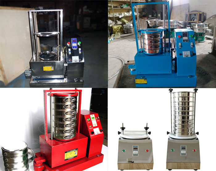 三種不同類(lèi)型的試驗(yàn)篩，區(qū)別控制臺(tái)在下部或在右側(cè)。材質(zhì)為不銹鋼和碳鋼兩種，碳鋼材質(zhì)做了噴漆有：紅色和藍(lán)色兩種。