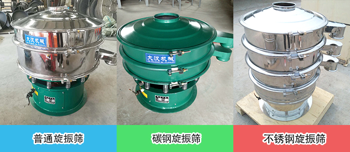 醫(yī)藥振動(dòng)篩常見材質(zhì)展示：碳鋼＋不銹鋼，不銹鋼，碳鋼等材質(zhì)展示