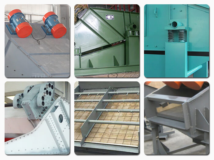 礦用振動篩主要由激振器、篩體、篩網(wǎng)、減振裝置及座架等組成。篩箱由篩框、篩板、襯板等組成