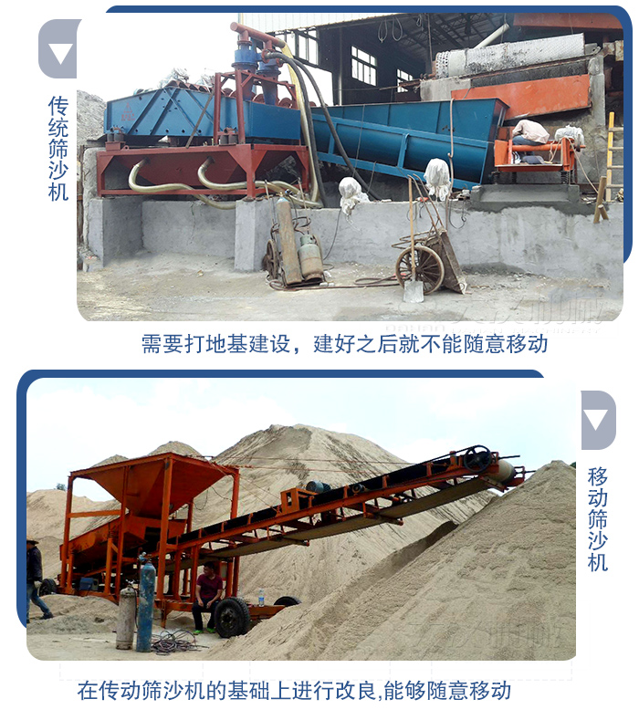 移動的篩沙機(jī)在安裝前需要打地基，而固定完畢后就不能隨意的移動，而移動篩沙機(jī)不需要打地并且隨時能夠進(jìn)行移動。