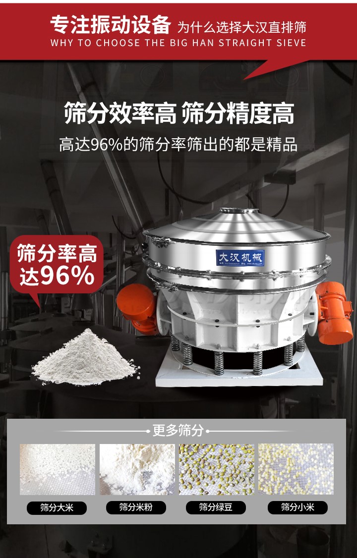 直排篩適用物料有面粉，淀粉，洗衣粉，金屬粉，添加劑，化工，非礦等行業(yè)。