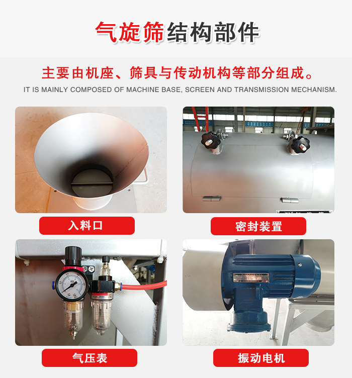 氣旋篩結(jié)構(gòu)：入料口，密封裝置，電機，氣壓表等