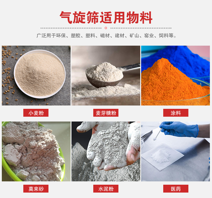 氣旋篩適用物料：小麥粉，麥芽糖粉，涂料，等粉狀物料。