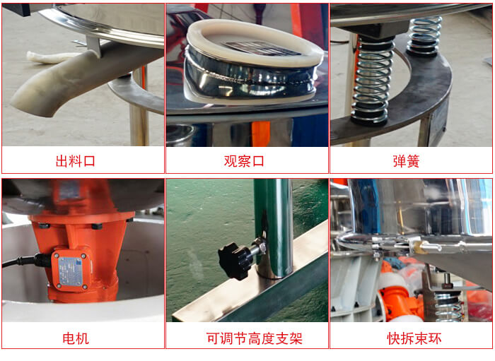 高頻篩細(xì)節(jié)展示：出料口，觀察口，彈簧，電機(jī)，可調(diào)節(jié)高度支架，快拆束環(huán)。