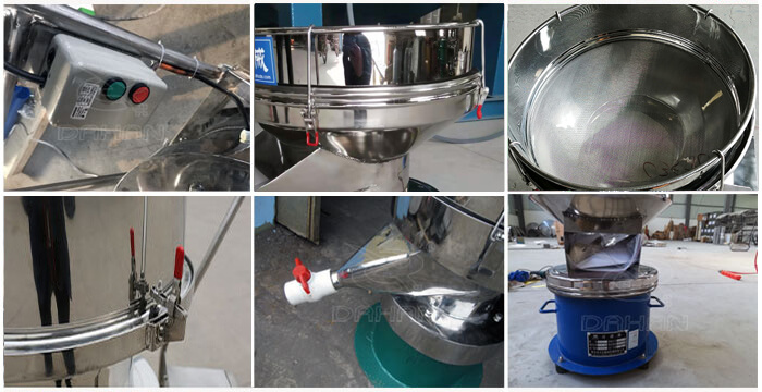 過濾篩細節(jié)展示：控制開關(guān)，篩框，出料口閥門，底座等