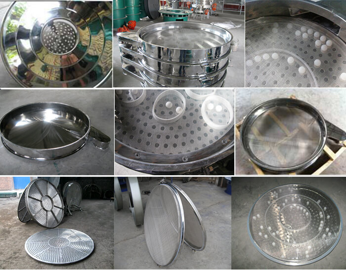 食品振動篩細節(jié)展示：防塵蓋，篩框，網(wǎng)架，底框等。